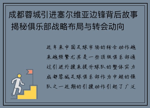 成都蓉城引进塞尔维亚边锋背后故事 揭秘俱乐部战略布局与转会动向