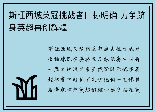 斯旺西城英冠挑战者目标明确 力争跻身英超再创辉煌 斯旺西城英冠挑战者目标明确 力争跻身英超再创辉煌