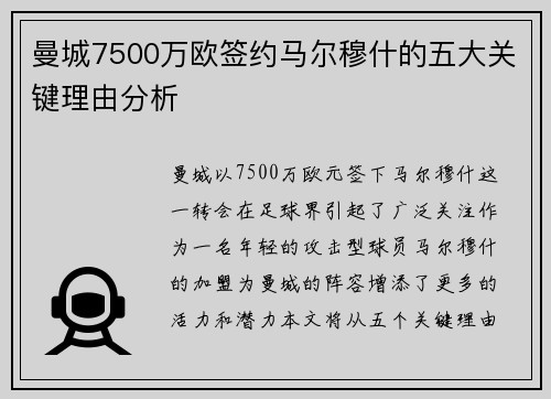 曼城7500万欧签约马尔穆什的五大关键理由分析 曼城7500万欧签约马尔穆什的五大关键理由分析