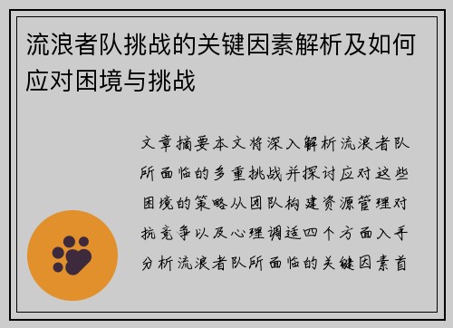 流浪者队挑战的关键因素解析及如何应对困境与挑战 流浪者队挑战的关键因素解析及如何应对困境与挑战