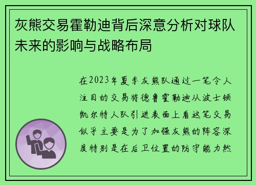 灰熊交易霍勒迪背后深意分析对球队未来的影响与战略布局 灰熊交易霍勒迪背后深意分析对球队未来的影响与战略布局