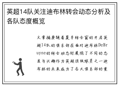 英超14队关注迪布林转会动态分析及各队态度概览