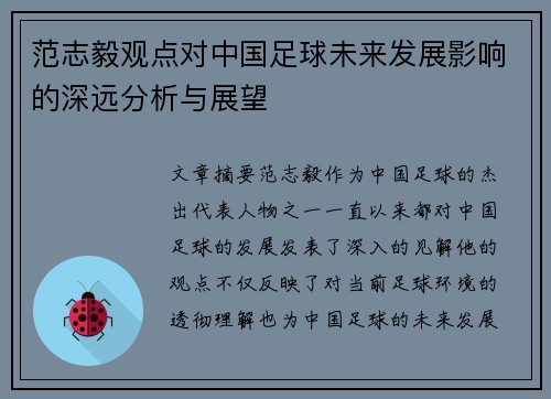 范志毅观点对中国足球未来发展影响的深远分析与展望